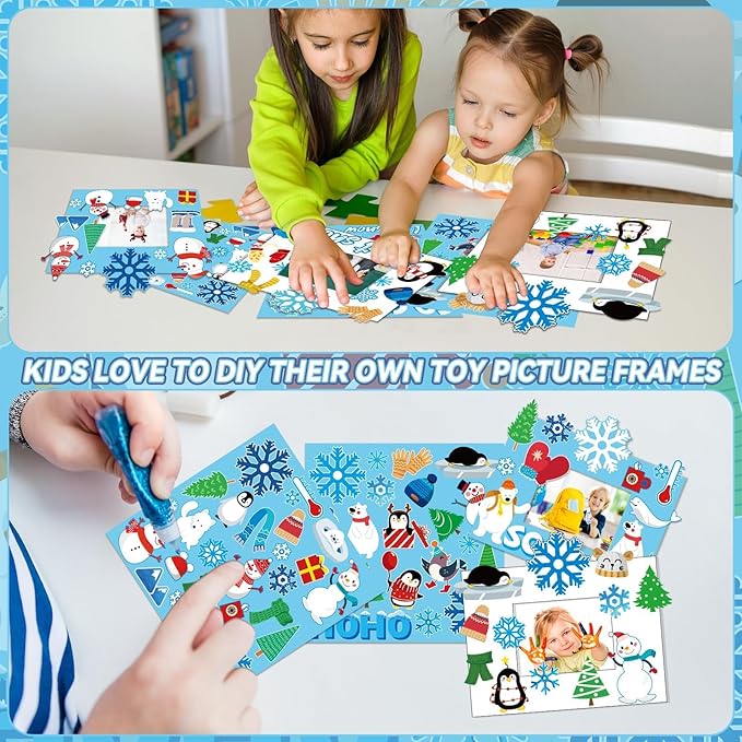 30 Pack Winter Craft for Kids Winter Picture Frame with Easel DIY Holiday SnowFlake Christmas Paper Art Crafts Kit with Stand Cardboard Photo Frames Bulks Game Acticvity for Kindergarten Preschool Kid