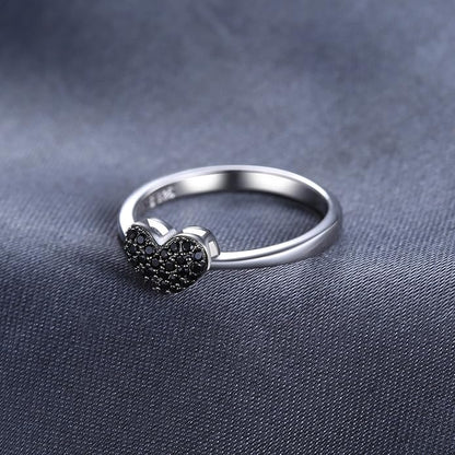 JewelryPalace Love Heart Genuine Black Spinel Rings for Her, 14K White Gold 925 Sterling Silver Promise Ring for Women, Natural Gemstone jewelry Sets Rings