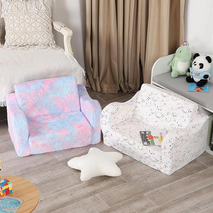 Shiny Star Toddler Couch, 2-in-1 Toddler Soft Couch Fold Out with Star Pillow, Convertible Sofa to Lounger for Girls and Boys, 1-Seat