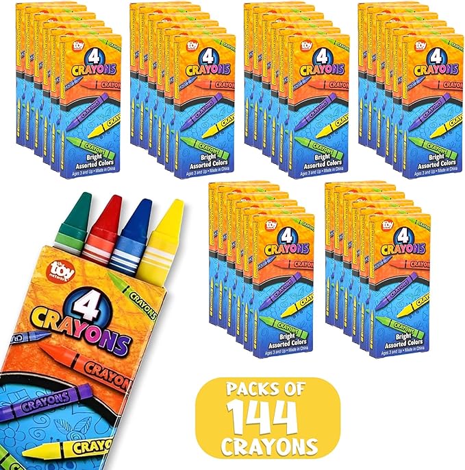 Crayons Bulk Pack Case Of 144 4-Packs, Premium Color Crayons for Kids and Toddlers, Non-Toxic, for Party Favors, Restaurants, Goody Bags, 576 Crayons! (144 Crayon Packs Only)