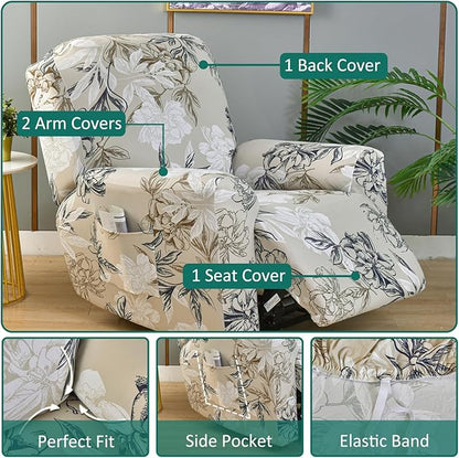 NILUOH Stretch Recliner Cover 4 Pieces Printed Lazy Boy Chair Covers Floral Patterned Recliner Sofa Slipcover Anti-Slip Fitted Furniture Protector with Elastic Bottom, A3