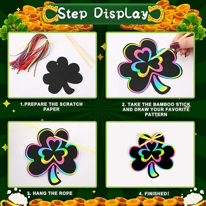 JULMELON 36 PCS St Patricks Day Scratch Art for Kids, St. Patrick’s Day Crafts for Kids Rainbow Color Magic Scratch Paper Cards Shamrock Hanging Ornaments DIY Crafts Decorations Party Favors