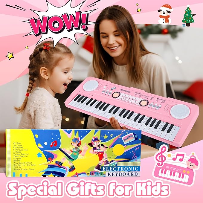 49 Key Pink Piano Keyboard Toy for 3 Year Old Girl Birthday Gift Kids Keyboards Pianos with Microphone Musical Toys for 3 4 5 6 7 Year Old Boys Girls Gifts