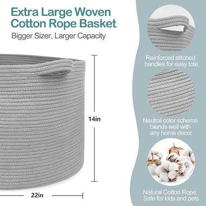 MEGASKET Extra Large Grey Storage Basket, 22" X 22" X 14" XXXL Blanket Basket for Living Room, Gray Wicker Woven Cotton Rope Baskets for Storage, Kids Toy Baskets Bins, Decorative Pillow Towel Basket