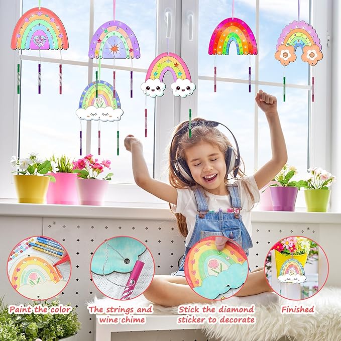 12 Pack Rainbow Wind Chime Kits DIY Wind Chime Crafts Make Your Own Wind Chimes DIY Coloring Wooden Art and Craft Gift for Girls Boys Spring Summer Home Classroom Party Activity Art Project