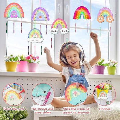 12 Pack Rainbow Wind Chime Kits DIY Wind Chime Crafts Make Your Own Wind Chimes DIY Coloring Wooden Art and Craft Gift for Girls Boys Spring Summer Home Classroom Party Activity Art Project