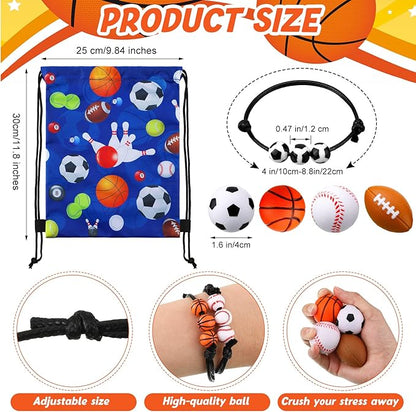 Panelee 16 Sets Sports Party Favors Supplies Include 16 Pcs Balls Drawstring Bags String Backpack 16pcs Sport Theme Charm Bracelets 16 Pcs Mini Foam Sports Balls for Sports Birthday Party Supplies
