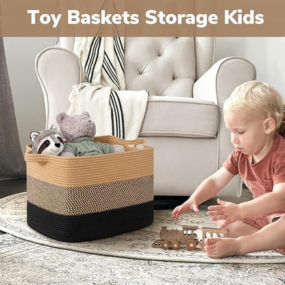 Goodpick Large Woven Basket 18" x 14" x 12" Cotton Rope Storage Baskets for Organizing, Rectangle Wicker Laundry Basket with Handles, Toy Baskets for Kids, Black & Jute