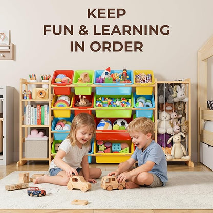 Storage Organizer with Bookshelf and Stuffed Animal Storage - Playroom Organization with Shelves and 12 Bins - Living Room Box for Lego - Nursery Bedroom Decor Essentials