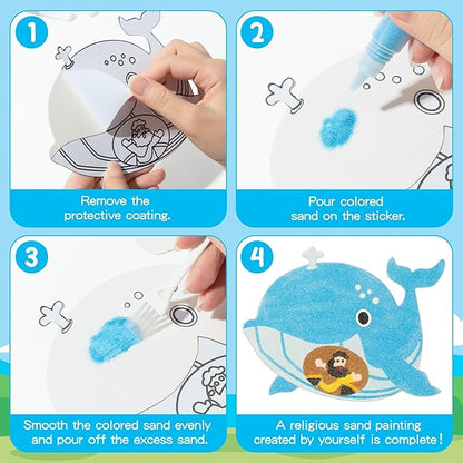 EZdhuawuse Religious Sand Art Craft Kit - 50P Easter Christian Sand Painting Cards for Kids DIY Sunday School Craft, Color Your Own God Jesus Cross DIY Crafts for Sunday Church Classroom Party