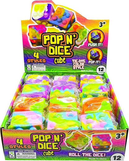 Raymond Geddes Pop ‘n’ Dice Fidget Cube Toys (12 per Bag) - 6 Sided Pop it Fidget Toys Pack - Fidget Squishy Toys in 4 Tie Dye Colors
