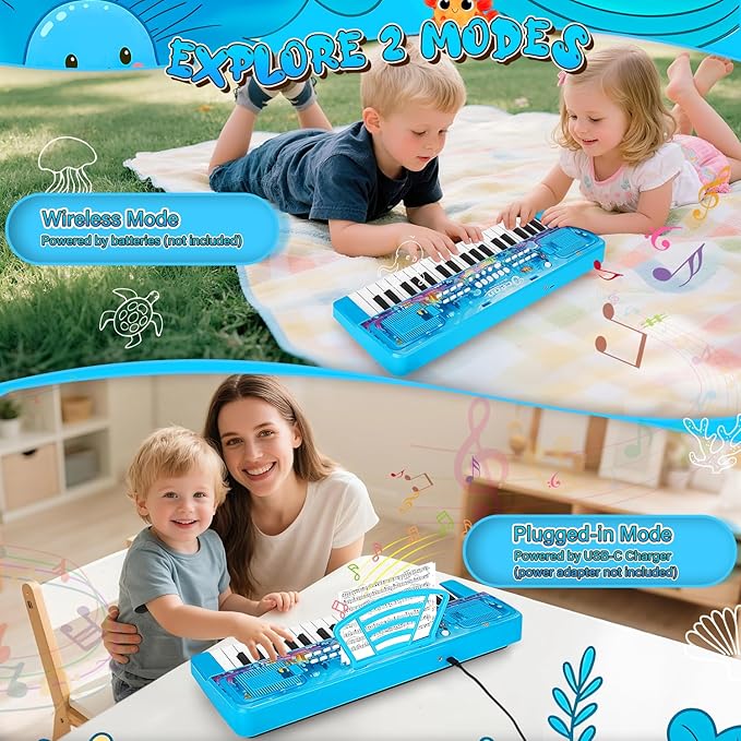 Upgraded 37 Keys Kids Piano Keyboard with Microphone Music Stand – Portable Musical Toys for Toddlers Ages 3 4 5 6 Boys Girls Birthday Gift - Blue