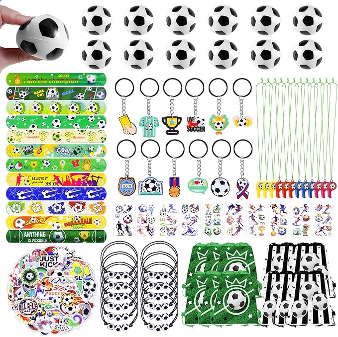 132Pcs Soccer Party Favors,12Pcs Soccer Drawstring Bags,12Pcs 2.4 Inch Mini Soccer with Soccer Keychains Stickers Bracelet Whistle Slap Bracelets Tattoo Stickers for Soccer Party Decorations Supplies