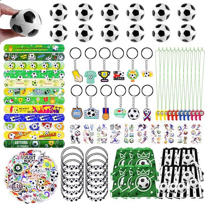 132Pcs Soccer Party Favors,12Pcs Soccer Drawstring Bags,12Pcs 2.4 Inch Mini Soccer with Soccer Keychains Stickers Bracelet Whistle Slap Bracelets Tattoo Stickers for Soccer Party Decorations Supplies