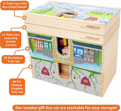 Orbrium Toys 52 Pcs Deluxe Wooden Train Set with 3 Destinations Fits Thomas, Brio, Chuggington, Melissa and Doug, Imaginarium Wooden Train
