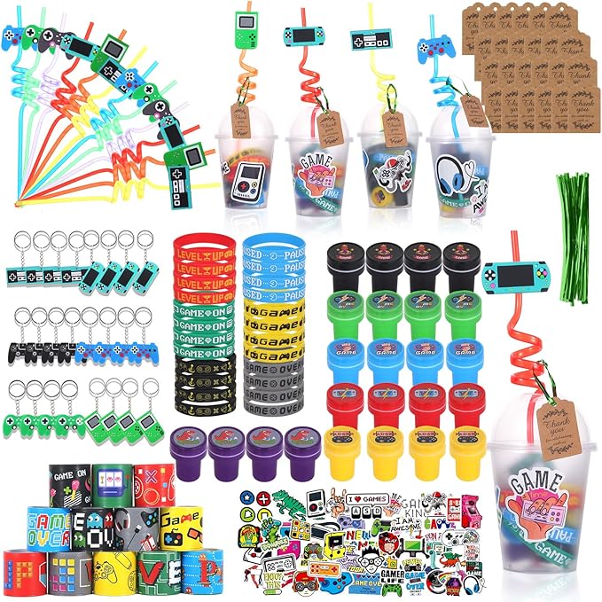 LiYiQ 292 Pcs Video Game Party Favors With Reusable Drinking Straws Cups Slap Bracelets Keychains Gift Tags Stamps Stickers and Twist Ties for Gamer Birthday Party Supplies