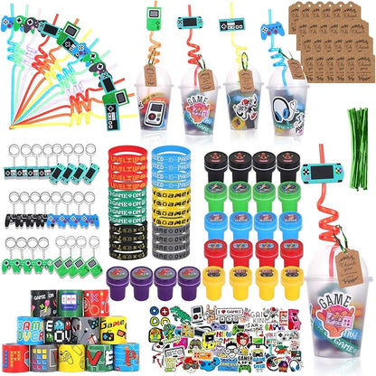 LiYiQ 292 Pcs Video Game Party Favors With Reusable Drinking Straws Cups Slap Bracelets Keychains Gift Tags Stamps Stickers and Twist Ties for Gamer Birthday Party Supplies