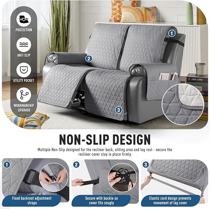 TAOCOCO 100% Waterproof Loveseat Recliner Cover-Recliner Cover with Non-Slip Granule, Recliner Chair Covers with Elastic Band,Washable Recliner Chair/Protector for Pets(Light Gray, 2 Seater)