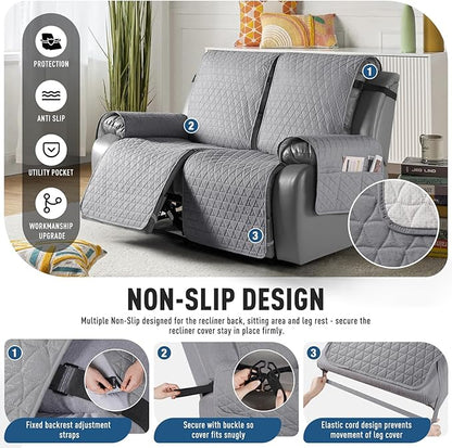 TAOCOCO 100% Waterproof Loveseat Recliner Cover-Recliner Cover with Non-Slip Granule, Recliner Chair Covers with Elastic Band,Washable Recliner Chair/Protector for Pets(Light Gray, 2 Seater)