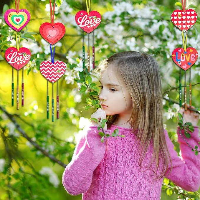 Fennoral 9 Pack Heart Wind Chime Kit for Kids Make You Own Love Wind Chimes DIY Colorful Valentine's Day Wooden Art and Craft for Kids Valentine's Day Party Decoration