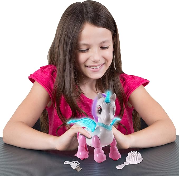 NKOK USB PetBotz - Robo Unicorn, Rechargeable, Miniature, Interactive pet Robot, Lights up, Sound Activated, Makes Noises on Command, Comes with Necklace and Hair Brush, USB Charger Included