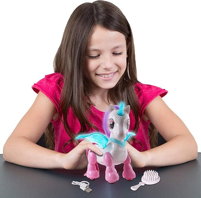 NKOK USB PetBotz - Robo Unicorn, Rechargeable, Miniature, Interactive pet Robot, Lights up, Sound Activated, Makes Noises on Command, Comes with Necklace and Hair Brush, USB Charger Included
