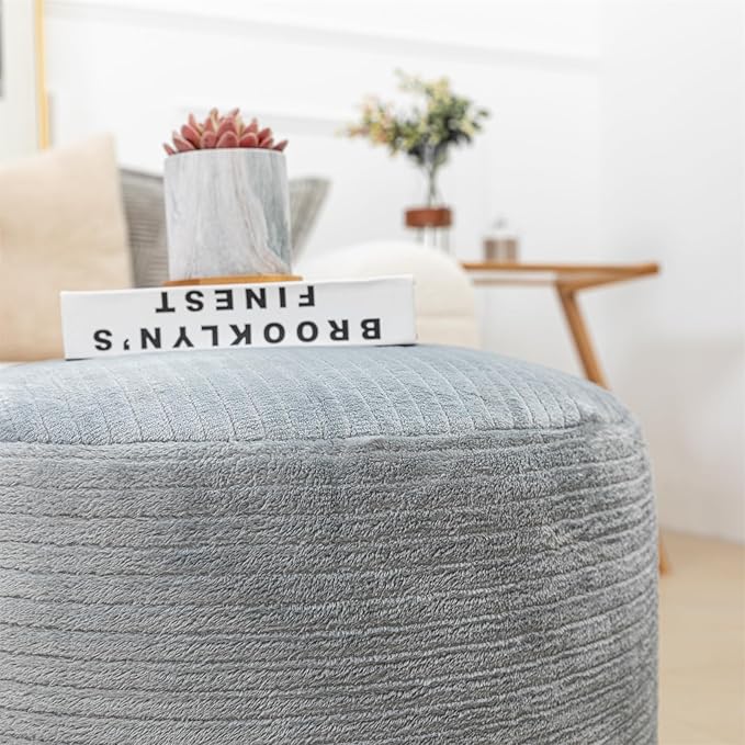 Pouf Ottoman Stuffed 20x20x12 Inches Floor Pouf Plush Fiber Ottoman Foot Rest Under Desk Foot Stool for Living Room Bedroom (Gray Stripe Pouf with Filler)