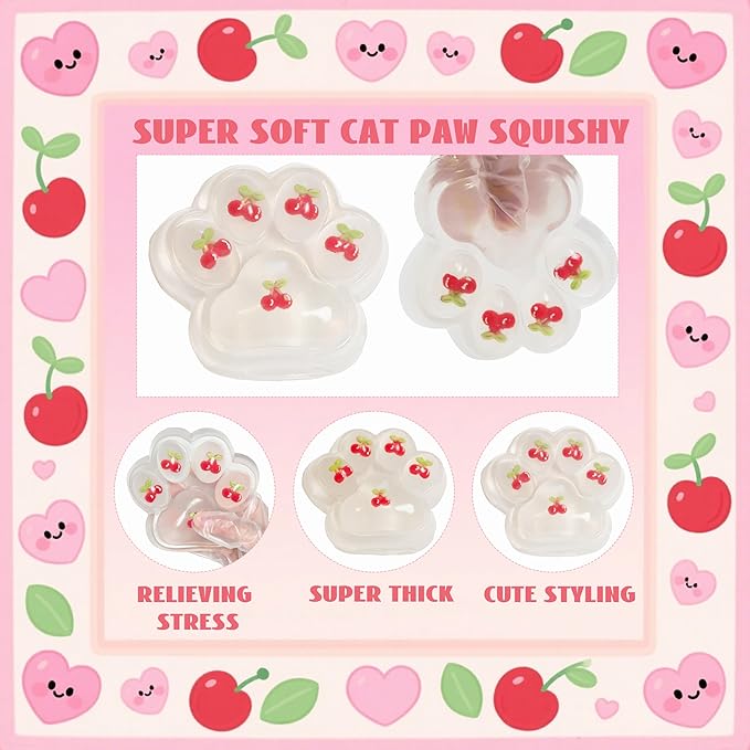 Large Cat Paw Taba Squishy Squeeze Toys 5-inch Cherry Cute Fufu Squishy Sensory Stress Relief Fidget Toys for Party Favors Sensory Anxiety Toys for Adults (Cherry)