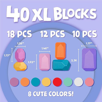 BUNMO 40pcs Wooden Stacking Blocks - Montessori Toys 3 Years Old - Educational Building Blocks for Fine Motor Skills - Fun Stacking Toys for 3+ Years Old Boys and Girls - Round Edges (Non Mouthable)