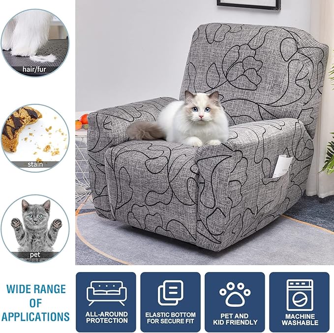 NILUOH Stretch Recliner Cover 4 Pieces Electric Power Lift Recliner Chair Cover Reclining Couch Cover Anti-Slip Fitted Furniture Protector with Side Pocket