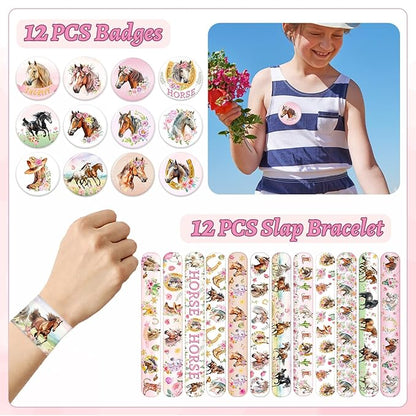 60 PCS Horse Cowgirl Party Favors, Horse Themed Temporary Tattoos, Slap Bracelets, Keychains, Badges, Gift Bags for Cowgirl Birthday Party Decorations and Classroom Rewards