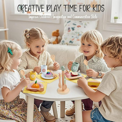 Toyssa Wooden Play Kitchen Accessories Montessori Toys for Toddlers 3-5, Play Dishes for Kids Kitchen with Realistic Dishes & Plates & Tableware, Christmas Birthday Gifts for 3 4 5 6 Years Girls Boys