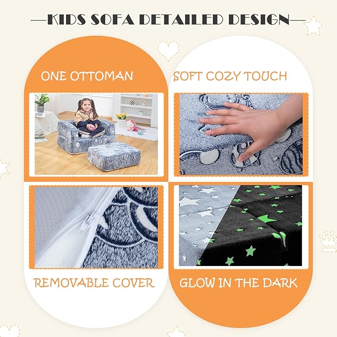 Kids Nugget Play Couch 3-in-1 Modular Toddler Couch Baby Couch Foam Armchair for Boys & Girls Children Convertible Sectional Sofa to Lounger Fold Out Kids Furniture, Grow in The Dark Universe