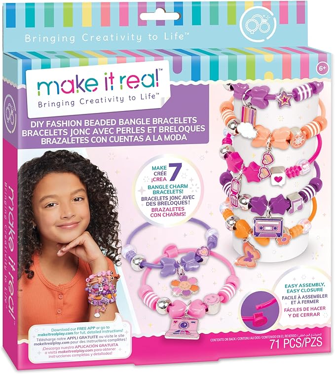 Make It Real: DIY Fashion Beaded Bangle Bracelets - Create 7 Bracelets, 71pcs All-in-1 Jewelry Kit, Purple-Pink-Orange, Crafts, Girls & Kids Ages 8+