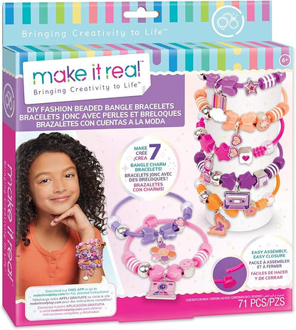 Make It Real: DIY Fashion Beaded Bangle Bracelets - Create 7 Bracelets, 71pcs All-in-1 Jewelry Kit, Purple-Pink-Orange, Crafts, Girls & Kids Ages 8+