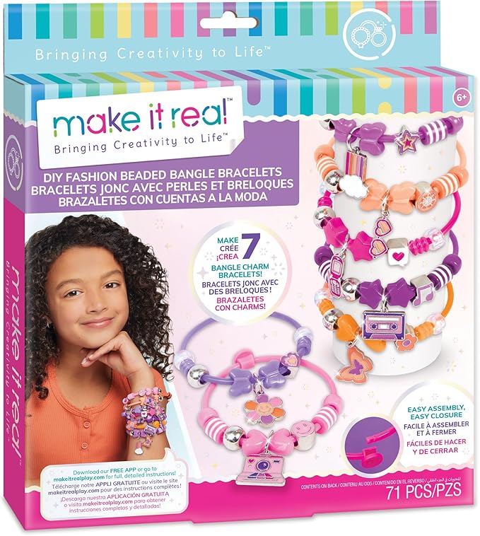 Make It Real: DIY Fashion Beaded Bangle Bracelets - Create 7 Bracelets, 71pcs All-in-1 Jewelry Kit, Purple-Pink-Orange, Crafts, Girls & Kids Ages 8+