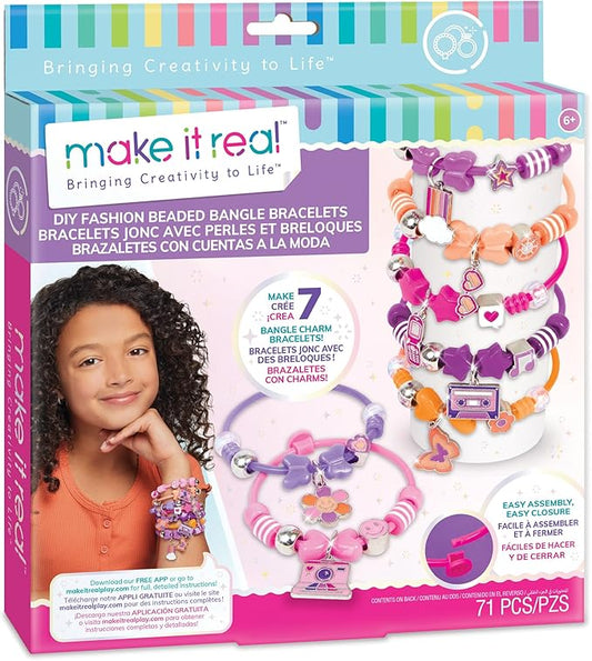 Make It Real: DIY Fashion Beaded Bangle Bracelets - Create 7 Bracelets, 71pcs All-in-1 Jewelry Kit, Purple-Pink-Orange, Crafts, Girls & Kids Ages 8+