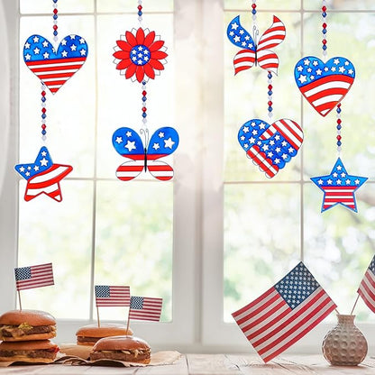 24 Sets Patriotic Suncatchers Ornaments Decorations DIY Window Paint Art Stickers Craft Kit American Star Heart Sun Catchers for Kids Classroom Patriotic 4th of July Activity Art Projects Party Favors