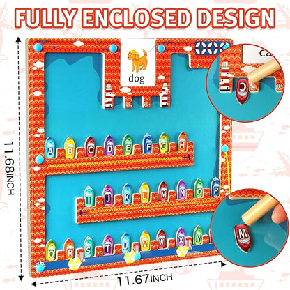 Wooden Magnetic Alphabet Maze, Montessori Fine Motor Skills Toys for 3+ Year Old Boys and Girls, Magnetic Ship Letter Puzzle Board for Toddler Preschool Learning Activities