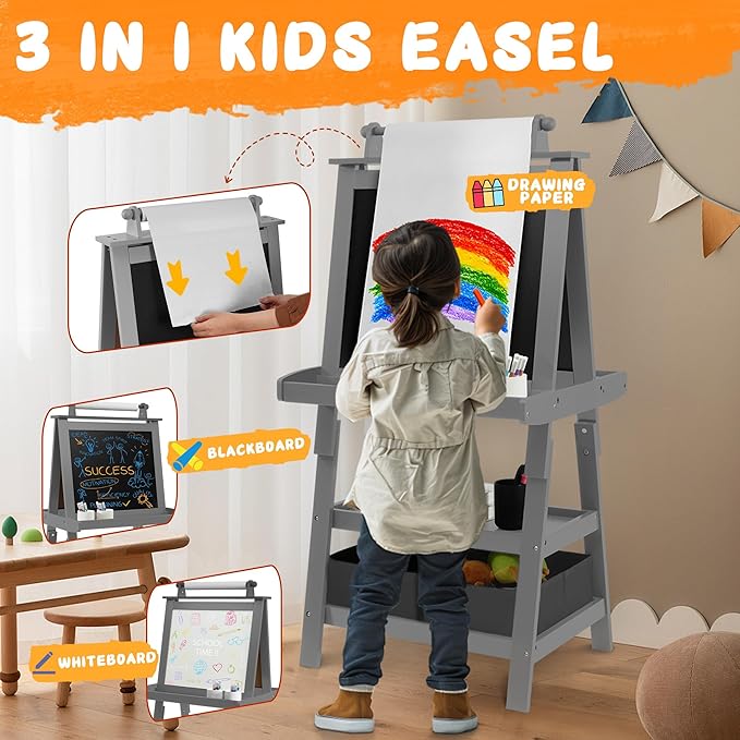 Elevon Art Easel for Kids, Wooden Kids Easel 3 in 1 Adjustable Double Sided, Whiteboard, Chalkboard & Paper Roll, 2-Tier Rack w/ 2 Storage Boxes, Standing Easel for for Painting & Drawing