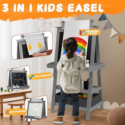 Elevon Art Easel for Kids, Wooden Kids Easel 3 in 1 Adjustable Double Sided, Whiteboard, Chalkboard & Paper Roll, 2-Tier Rack w/ 2 Storage Boxes, Standing Easel for for Painting & Drawing