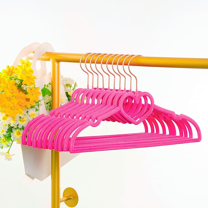 Kids Velvet Hangers 50 Pack, 12.8 Inch Non Slip Childrens Hangers, 360° Swivel Rose Gold Hook, Ultra Thin Space Saving Toddler Hangers - Baby Hangers for Closet (Hot Pink)