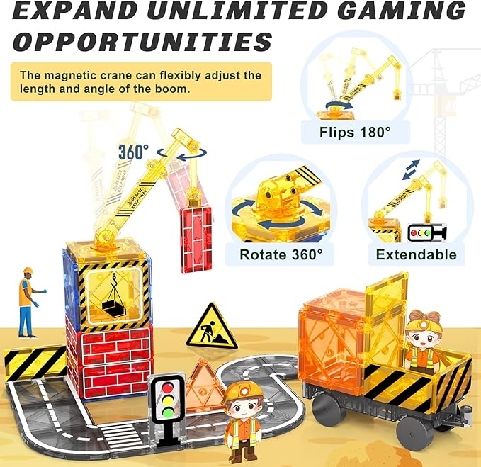 Kids Games Magnetic Tiles Road Set with Extendable Magnetic Crane, City Construction Building Toys for Toddlers STEM Preschool Toys Ages 4-6 5-7, Gifts for 3+ Year Old Boys Girls Kids Toys with Car