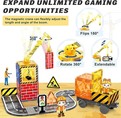 Kids Games Magnetic Tiles Road Set with Extendable Magnetic Crane, City Construction Building Toys for Toddlers STEM Preschool Toys Ages 4-6 5-7, Gifts for 3+ Year Old Boys Girls Kids Toys with Car