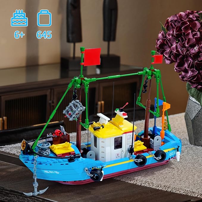 Fishing Boat Building Blocks Sets, Pirate Ship Sea Fishing Building Block Toy Set Collection Show, Creative Gifts Toys for Boys and Girl Ages 6-12 Years Old and up, 645 PCS