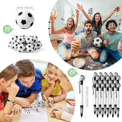 80 Pcs Soccer Team Gifts Set Bracelets Soccer Ball Ballpoint Pens Foam Stress Balls Kick Up Cards Adjustable Bracelets for Sports Reward Birthday Party Supplies