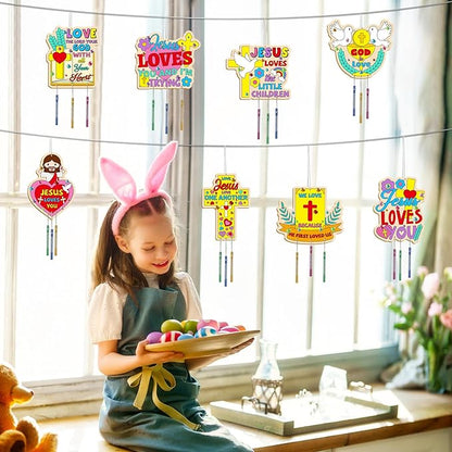 gisgfim 16 Pack Jesus Loves Me Crafts for Kids Wooden Religious Wind Chime Crafts Kits Make Your Own Christian Crafts Wooden DIY Arts for Party School Classroom Decorations Supplies Birthday Favors