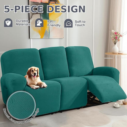 JIVINER Recliner Couch Cover, Jacquard 5 Piece Stretch Sofa Covers for 3 Cushion Reclining Lazy Boy Soft Washable Sofa Slipcovers Protector with Pockets (Recliner Sofa, Teal)