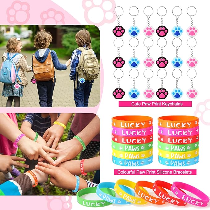Gejoy 178 Pcs Dog Paw Party Favors Set Includes Paw Straws Cups Silicone Bracelet Keychain Stamper Sticker Pendant Chain Thank You Tag for Boy Girl Dog Theme Party Supplies(Paw)