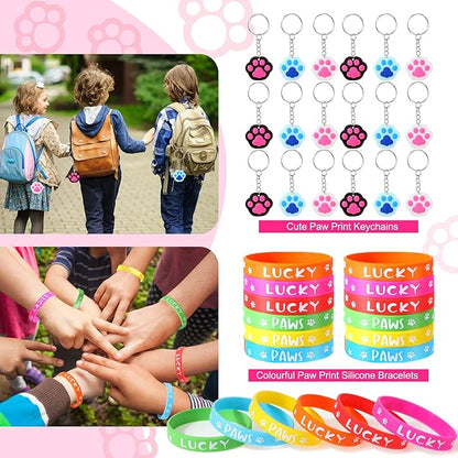 Gejoy 178 Pcs Dog Paw Party Favors Set Includes Paw Straws Cups Silicone Bracelet Keychain Stamper Sticker Pendant Chain Thank You Tag for Boy Girl Dog Theme Party Supplies(Paw)